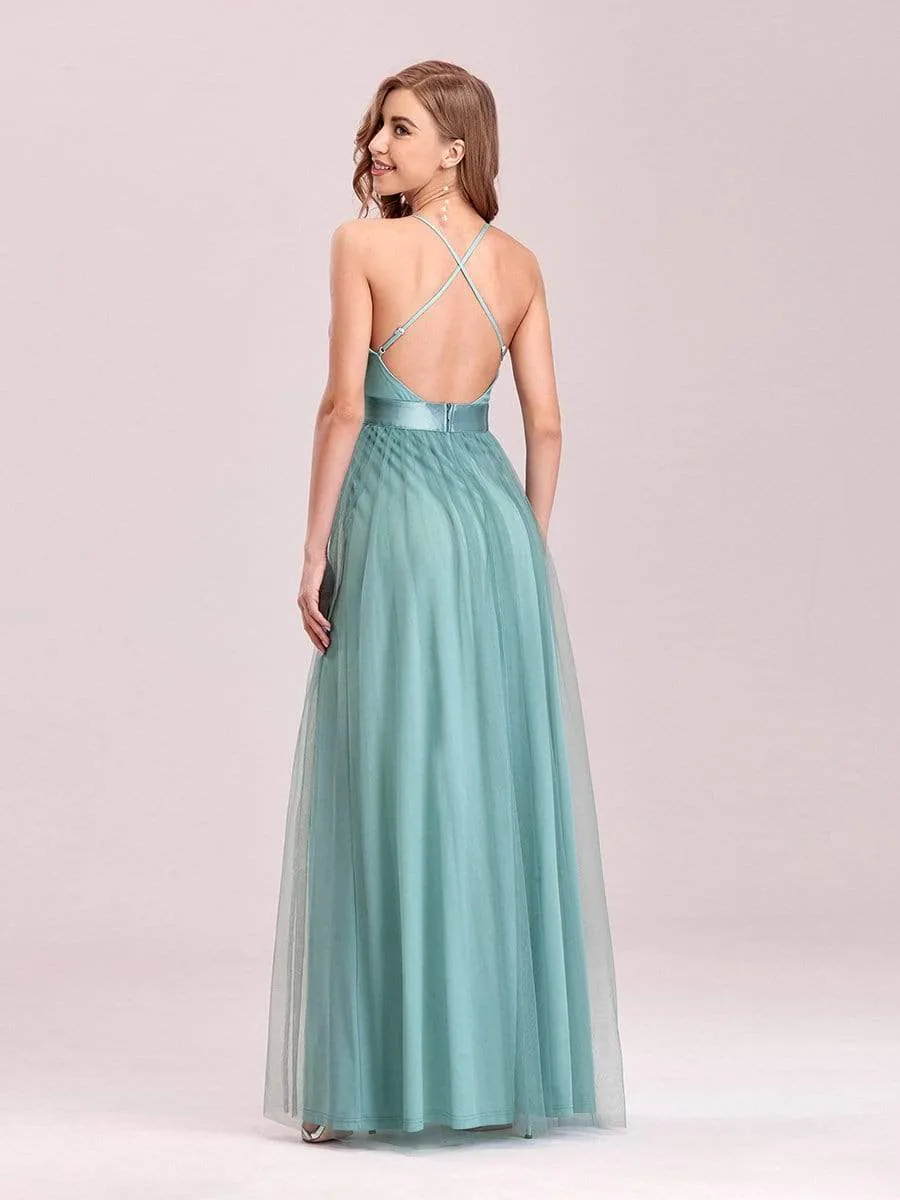 Sexy V-neck Open Back Pleated Maxi Tulle Evening Dresses