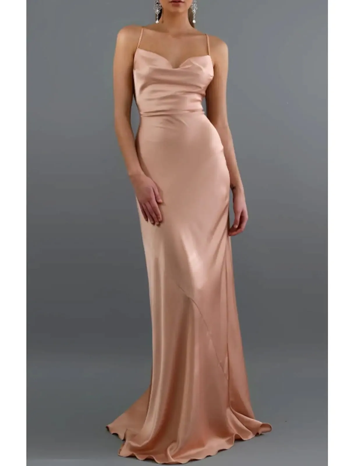 Sheath Spaghetti Strap Sweep Train Cowl Neck Charmeuse Formal/Bridesmaid Dress