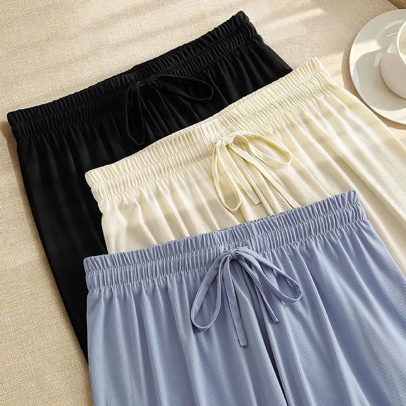 Sheer Straight Cut Wide Leg Pants with Elastic Waist Band