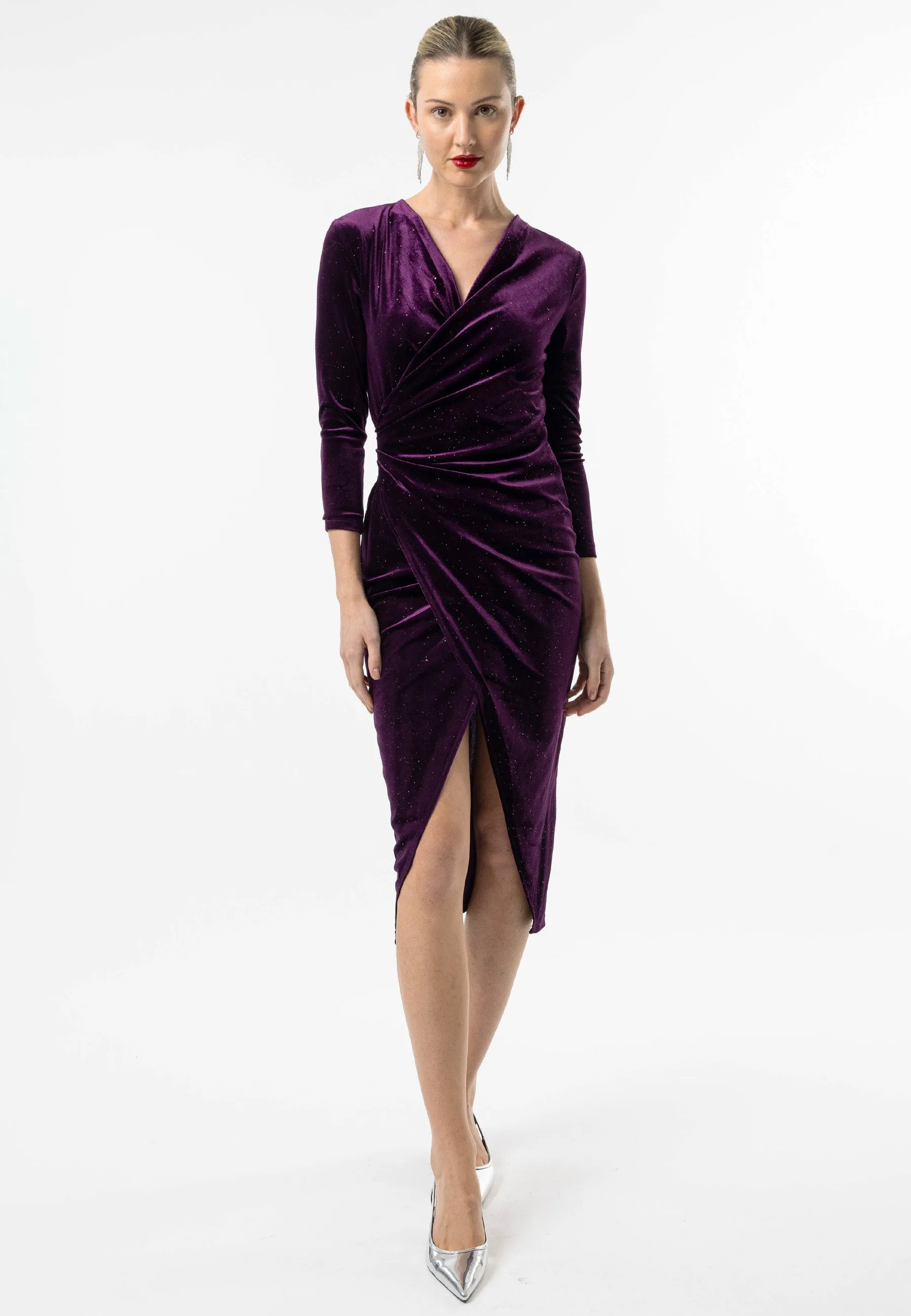 Shimmer Velvet 3/4 Sleeve Midi Wrap Dress in Purple