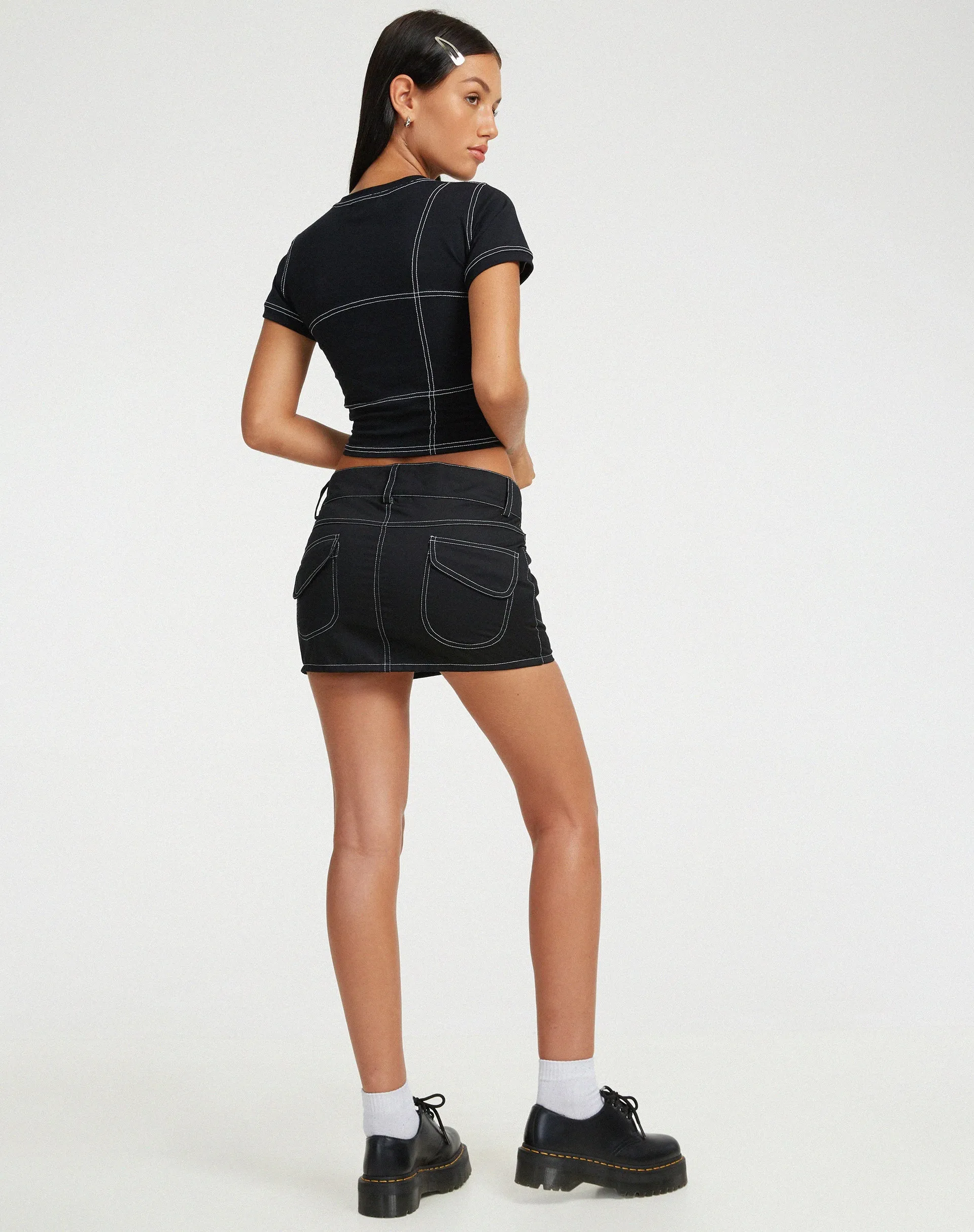 Shyla Cropped Tee in Black with White Stitch