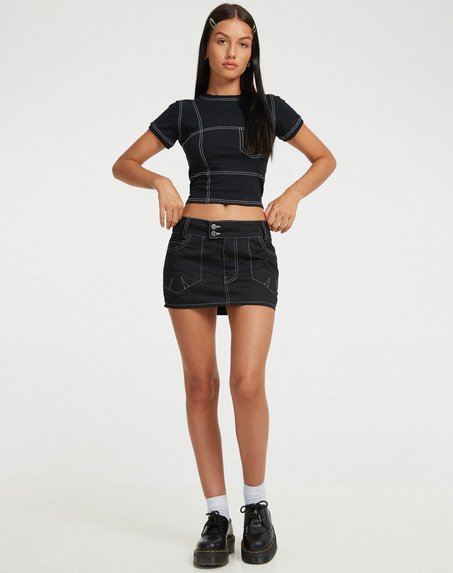 Shyla Cropped Tee in Black with White Stitch