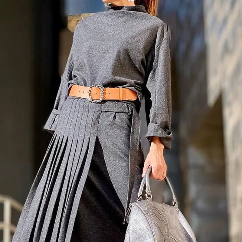 Solid Color Long Sleeve Irregular Cut Dress Suits