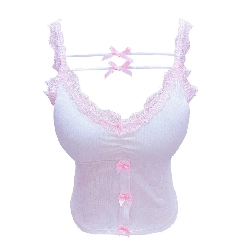 Summer Cute Y2k Pink Lace Bow Crop Top