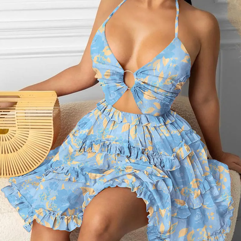 Summer cutout strappy v-neck waist halter print suspender dress