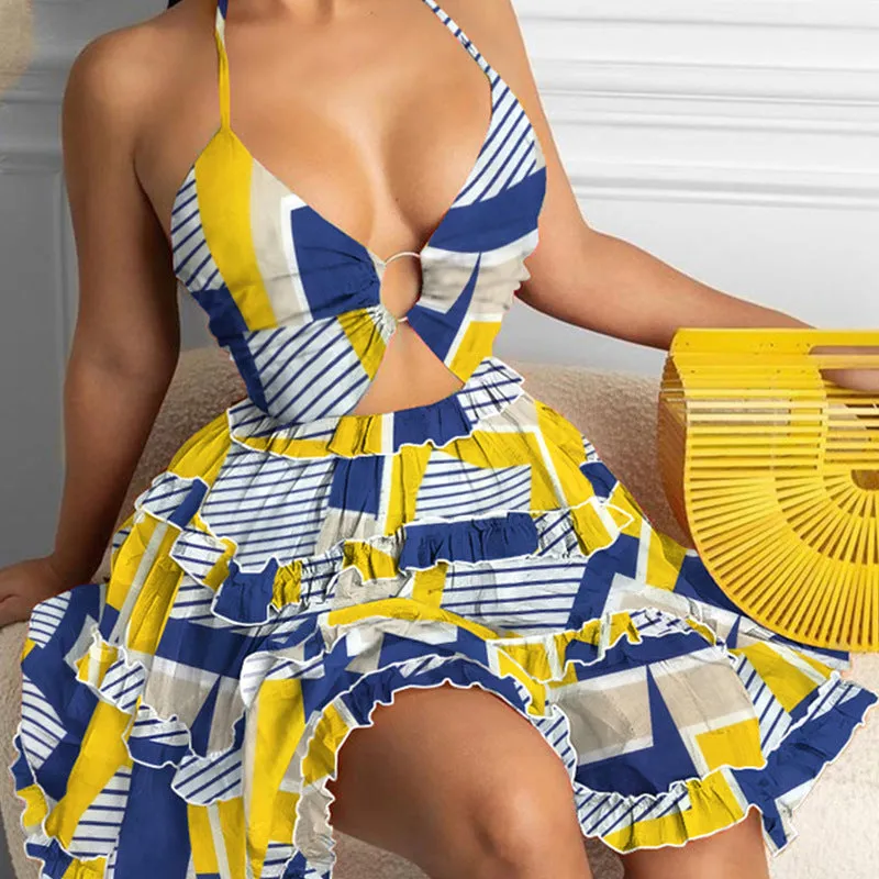 Summer cutout strappy v-neck waist halter print suspender dress