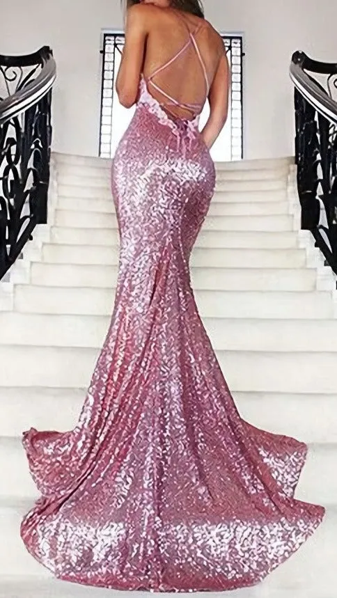 Trumpet Mermaid Spaghetti Straps Backless Sequins 2025 Sexy Prom Dresses