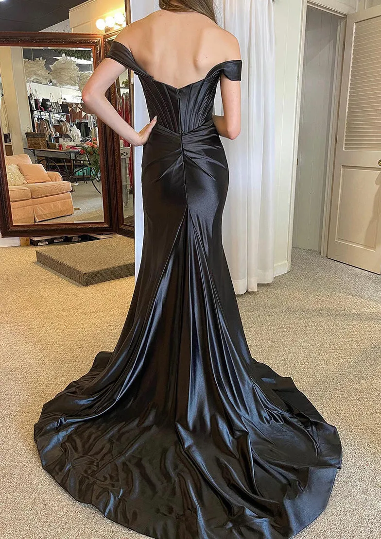 Trumpet Prom Dress Off Shoulder Corset Black Satin Floor Length Court Train, Split