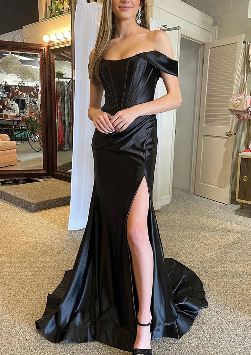 Trumpet Prom Dress Off Shoulder Corset Black Satin Floor Length Court Train, Split