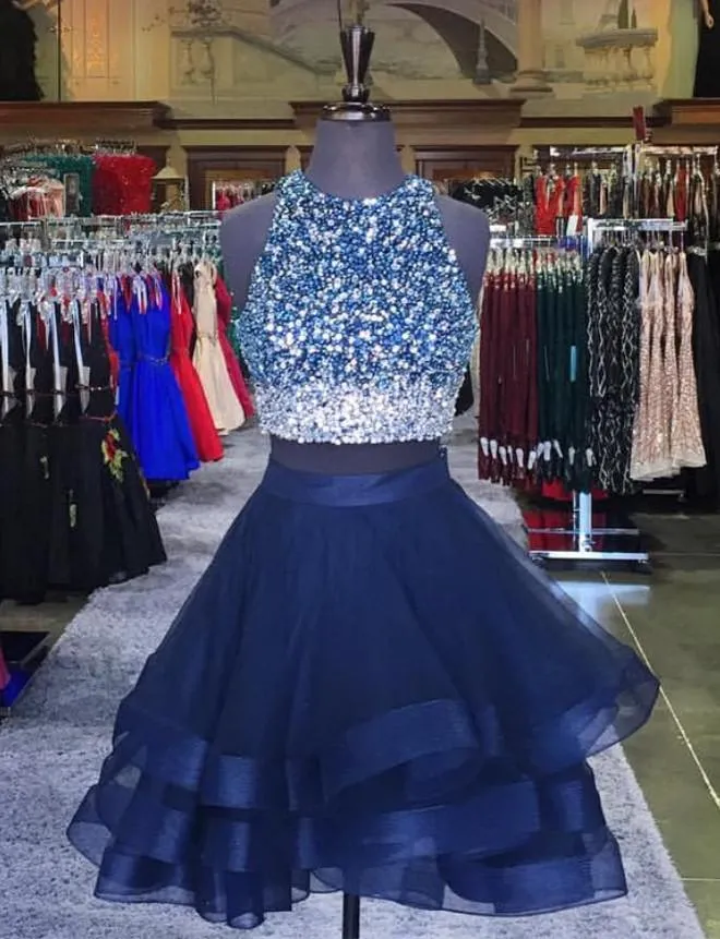 Two Piece Ruffles Ball Gown Homecoming Dresses,Navy Blue Semi Formal Dress