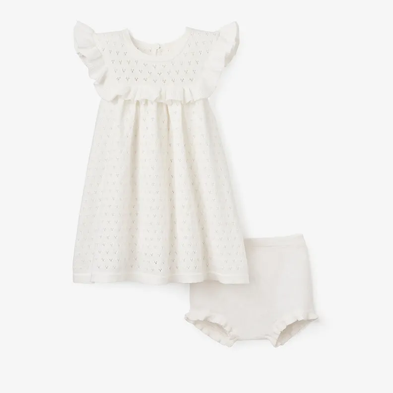 White Pointelle Flutter Sleeve Knit Baby Dress