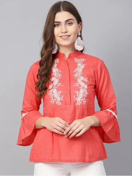 Women'S Coral Pink & White Embroidered Detail Shirt Style Top